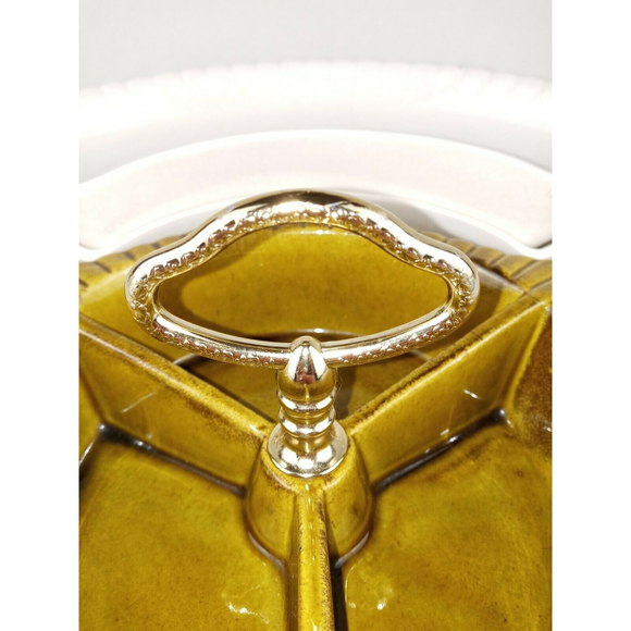 Vintage California Pottery Green Lazy Susan 3 Compartment with Dip Dish & Lid - Picture 4 of 7